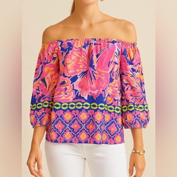 Women's Lilly Pulitzer Sanilla Silk Printed Off-the-Shoulder Blouse Size Large - Picture 1 of 6